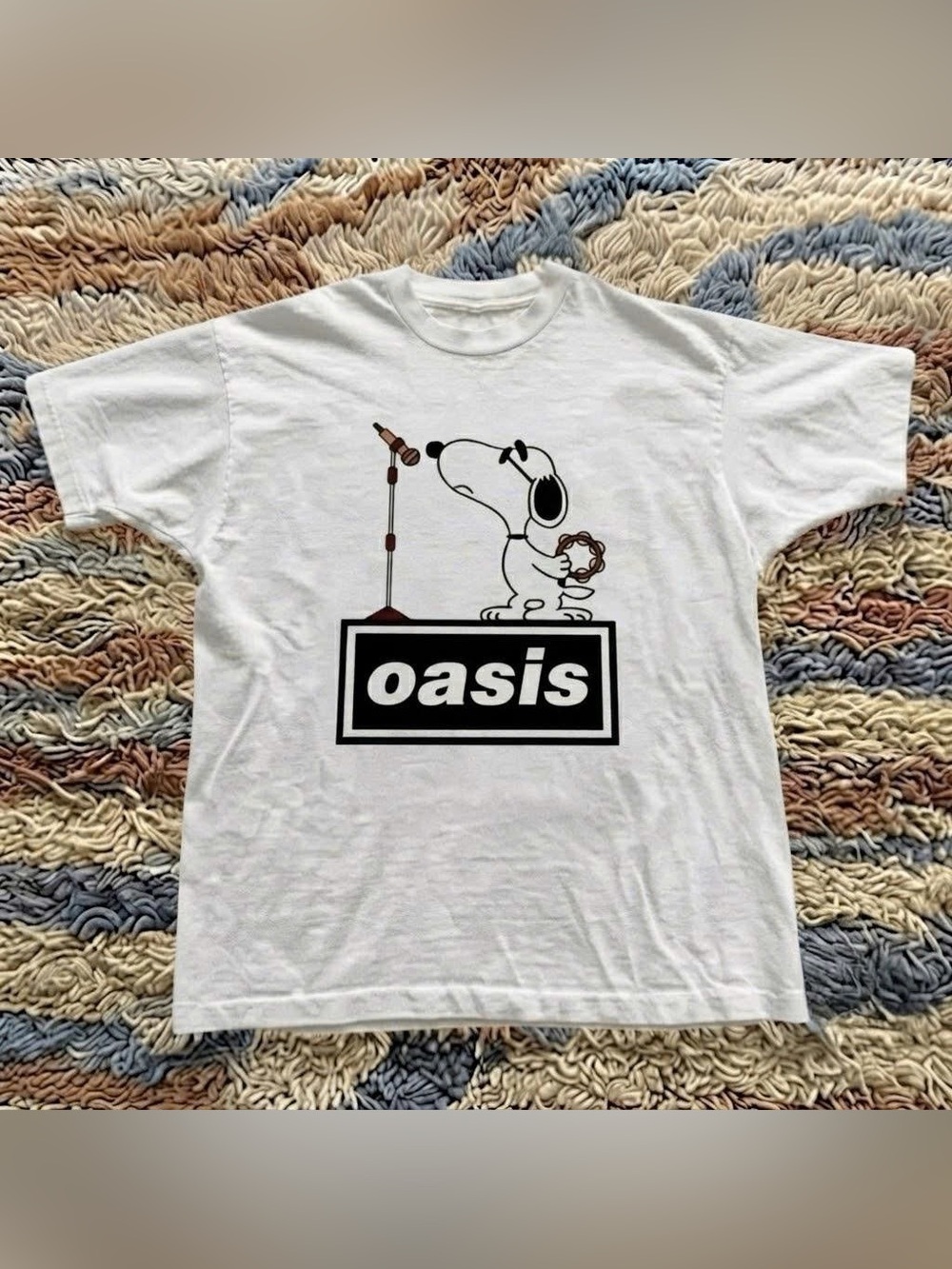 Vintage White Tee with Black Oasis & Snoopy Graphic